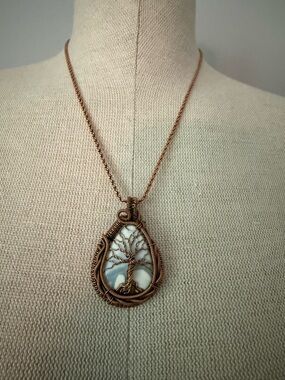 Copper Wire Tree of Life Pendant with White Stone